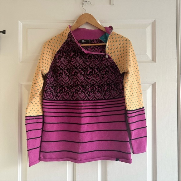 Neve Merino Wool Pullover Sweater Purple Striped Snap Button Mock Neck Medium - Picture 1 of 6